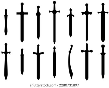 Schwarze Schwerter einzeln auf weißem Hintergrund. Schwerter Silhouetten. Waffen des Römischen Reiches, Gladius. Design von Schwertern für Poster, Banner und Werbeartikel. Vektorgrafik