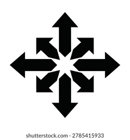 A black symbol of eight arrows pointing in all directions on a white background representing choices and possibilities