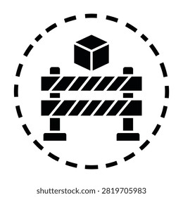 Black symbol featuring a box behind a striped road barrier enclosed in a dashed circle. Represents blocked delivery, shipping delay, or warehouse closure concept.