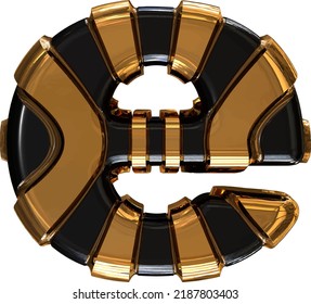 Black symbol with gold vertical straps. letter e