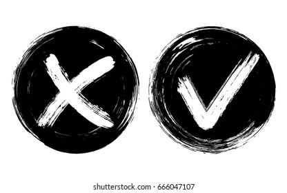 Black symbolic OK and X icon isolated on white.Tick and cross signs, check marks graphic design. YES and NO acceptance and rejection symbol vector buttons for vote, election choice.