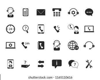 Black symbols of online support. Icon set of call center isolate on white. Service online phone, support customer icon. Vector illustration