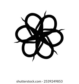 Um design preto, simétrico, semelhante a uma flor, com linhas finas e um ponto central.

