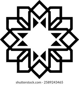 A black symmetrical Islamic pattern forming a floral-inspired star, blending nature and geometric harmony.