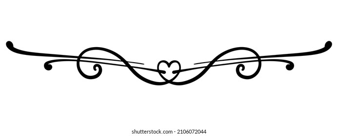 black symmetrical vector design element drawn with beautiful lines with a heart in the center with curls and wavy lines for business cards, invitations for birthday, valentine's day, mother's day