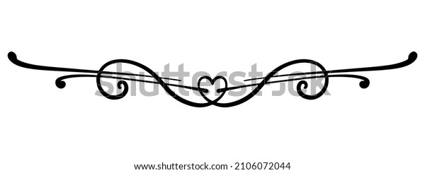 black symmetrical vector design element drawn with\
beautiful lines with a heart in the center with curls and wavy\
lines for business cards, invitations for birthday, valentine\'s\
day, mother\'s day
