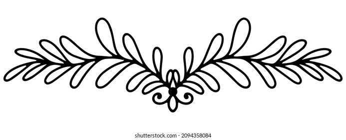 black symmetrical vector line art element design with plant motif branch with leaves, divider and decoration for text, greeting cards, pages, business cards, printed products and veb