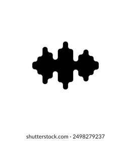 Black, symmetrical waveform pattern against a white background, representative of a sound wave.