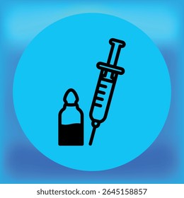 Seringa preta e ícone de ampola sobre fundo azul, representando injeção, vacinação ou tratamento médico em um estilo gráfico simples e moderno.
