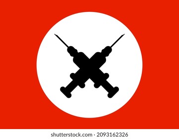Black syringe cross. Syringes silhouettes isolated in white round. Anti vaccinate flag symbol. Medical, people healthcare and flu. Vaccination protest vector icon