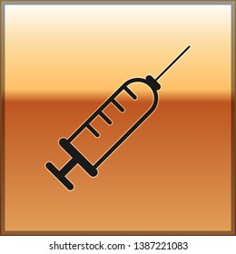 Black Syringe icon isolated on gold background. Syringe for vaccine, vaccination, injection, flu shot. Medical equipment. Vector Illustration