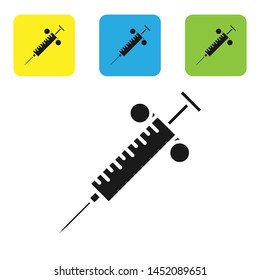 Black Syringe icon isolated on white background. Syringe for vaccine, vaccination, injection, flu shot. Medical equipment. Set icons colorful square buttons. Vector Illustration