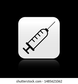 Black Syringe icon isolated on black background. Syringe for vaccine, vaccination, injection, flu shot. Medical equipment. Silver square button. Vector Illustration