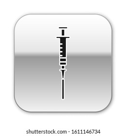 Black Syringe icon isolated on white background. Syringe for vaccine, vaccination, injection, flu shot. Medical equipment. Silver square button. Vector Illustration