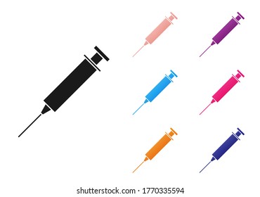 Black Syringe icon isolated on white background. Syringe for vaccine, vaccination, injection, flu shot. Medical equipment. Set icons colorful. Vector Illustration