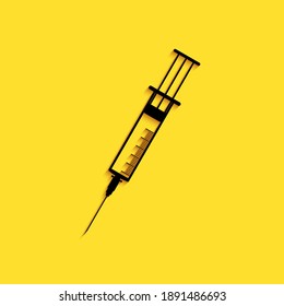 Black Syringe icon isolated on yellow background. Syringe sign for vaccine, vaccination, injection, flu shot. Medical equipment. Long shadow style. Vector.