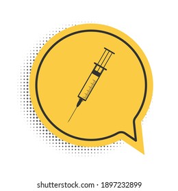 Black Syringe icon isolated on white background. Syringe sign for vaccine, vaccination, injection, flu shot. Medical equipment. Yellow speech bubble symbol. Vector.