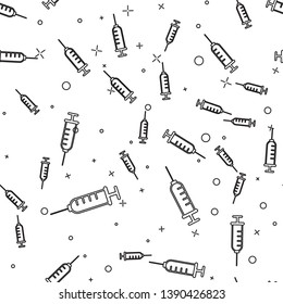 Black Syringe icon isolated seamless pattern on white background. Syringe for vaccine, vaccination, injection, flu shot. Medical equipment. Vector Illustration