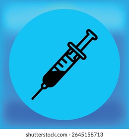 Ícone de seringa preta sobre um fundo azul circular vibrante, representando vacinação, injeção médica ou tratamento de saúde em um estilo vetor simples.