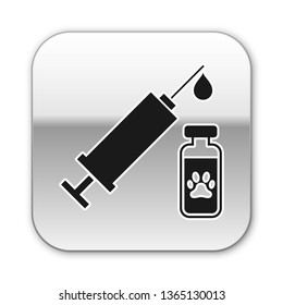 Black Syringe with pet vaccine icon isolated on white background. Dog or cat paw print. Silver square button. Vector Illustration