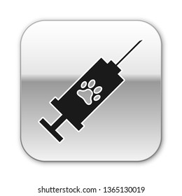 Black Syringe with pet vaccine icon isolated on white background. Dog or cat paw print. Silver square button. Vector Illustration