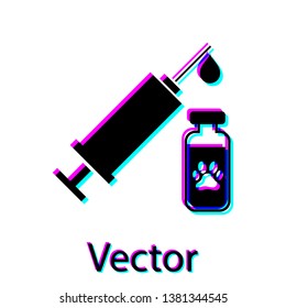 Black Syringe with pet vaccine icon isolated on white background. Dog or cat paw print. Vector Illustration