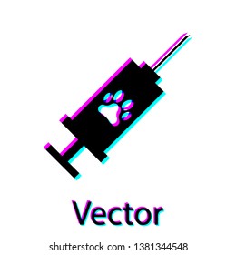 Black Syringe with pet vaccine icon isolated on white background. Dog or cat paw print. Vector Illustration