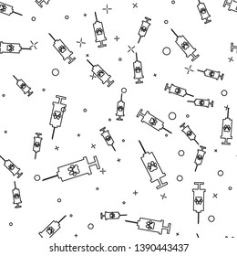 Black Syringe with pet vaccine icon isolated seamless pattern on white background. Dog or cat paw print. Vector Illustration