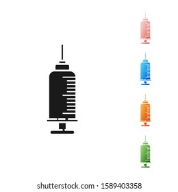 Black Syringe with pet vaccine icon isolated on white background. Dog or cat paw print. Set icons colorful. Vector Illustration