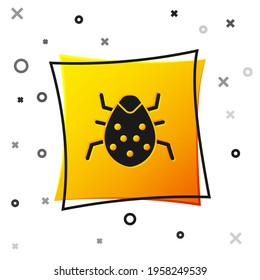 Black System bug concept icon isolated on white background. Code bug concept. Bug in the system. Bug searching. Yellow square button. Vector