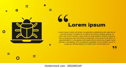 Black System bug on monitor icon isolated on yellow background. Code bug concept. Bug in the system. Bug searching.  Vector