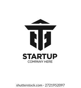 Logotipo inicial T negro en forma de escudo para el nombre de la empresa de inicio o la identidad de marca aislados en el fondo a cuadros transmite la seguridad de la fuerza