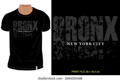 black t shirt design, with bronx, new york city words, grunge texture print, clothing apparel