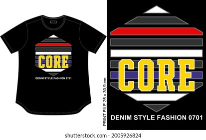 black t shirt design, hexagon line texture with CORE word, print, clothing apparel.