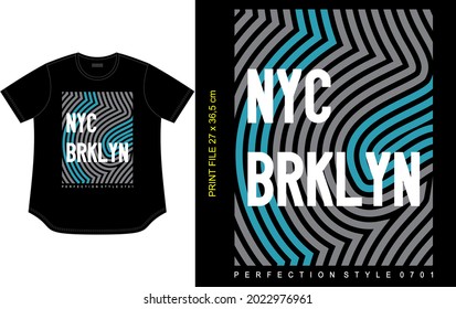 Black t shirt design with line texture print and NYC BROOKLYN words typography, apparel clothing garment style.