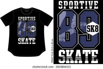 BLACK T SHIRT DESIGN WITH TYPOGRAPHY, SPORTIVE 89 SKATE WORDS DESIGN PRINT, CLOTHING