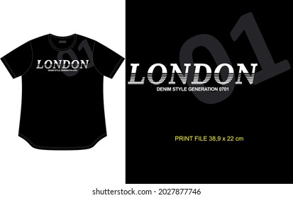 black t shirt design, with typography words london, line texture, apparel style garment.