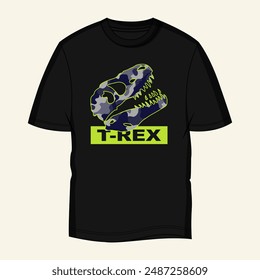 Black t shirt with dinosaur skull T-Rex chest print design vector illustration ready to print