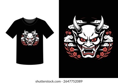 a black t shirt featuring a demon mask graphic with flower accents, inspired by japanese oni art. a stylish and bold apparel choice