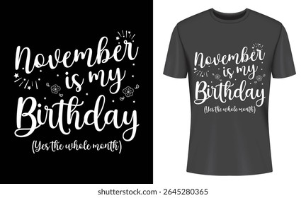 Black T Shirt Featuring November is my Birthday Design with Stars and Flowers