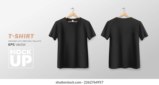 Black t shirt front and back mockup hanging realistic collections, template design, EPS10 Vector illustration.
