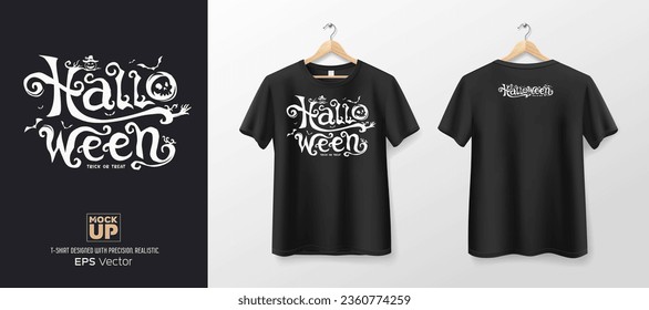 Black t shirt front and back mockup collections, halloween text design template design, EPS10 Vector illustration.
