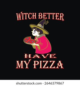 Black T Shirt Witch Pizza Halloween Design 