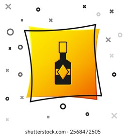 Black Tabasco sauce icon isolated on white background. Chili cayenne spicy pepper sauce. Yellow square button. Vector