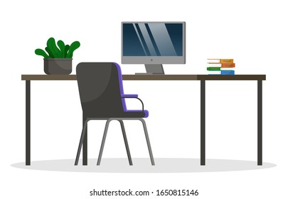 Black table and chair, furniture. Electronic device, computer for work and study. Modern design of workspace at home or office. Plant cactus and books on desk. Vector illustration of workplace in flat