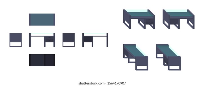 black table with glass from different angles isometric