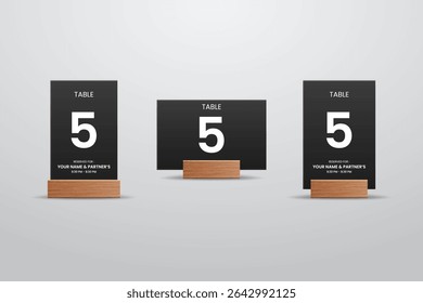 Black Table Number 5 Card Mockup with Wooden Stand – Vertical and Horizontal Layout