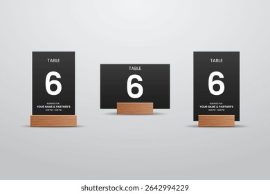 Black Table Number 6 Card Mockup with Wooden Stand, Vertical and Horizontal Layout