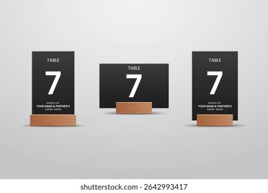 Black Table Number 7 Card with Wooden Stand – Vertical and Horizontal Layout