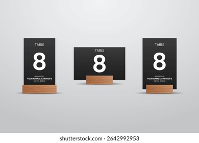 Black Table Number 8 Card with Wooden Stand – Vertical and Horizontal Layout